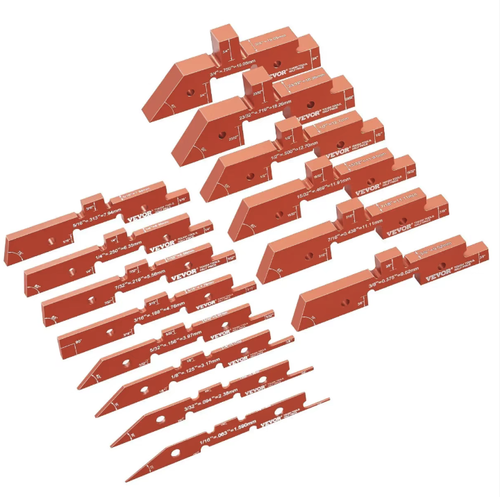 Um conjunto de 14 medidores para serraria em mesa de aço ligado, incluindo limitadores de profundidade e réguas com chanfros em múltiplos ângulos. duráveis e resistentes ao desgaste. É compatível com máquinas de acabamento de borda de serra de mesa, permitindo um controle preciso da espessura de corte e dos ângulos de chanfragem. É adequado para uso em oficinas de reforma residencial para corte e ranhuramento de materiais de madeira, reduzindo a necessidade de refeições nos materiais de madeira.