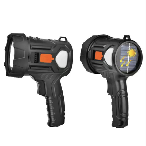 Lâmpada de mão LED de alta intensidade, com uma grande cúpula focalizada para projeção luminosa em longa distância e múltiplas opções de ajuste de iluminação. Equipada com fonte de energia solar integrada, suporta carregamento reverso via USB para celulares, possui corpo antiderrapante, resistente a impactos e à água. Adequada para patrulhamento ao ar livre, pesca, uso doméstico e situações de emergência. Alta duração da bateria para atender às necessidades de iluminação durante todo o dia.