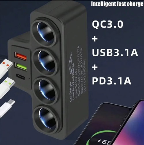 O dispositivo de expansão para cigarro automotivo, com 120W e compatível com um veículo a quatro veículos, possui 4 tomadas independentes para cigarros combinadas com 3 portas de carregamento rápido PD QC. Conta com múltiplas proteções de segurança para garantir uma saída de tensão estável. O cabo longo pode ser posicionado separadamente e é flexível. Pode alimentar simultaneamente aparelhos elétricos do carro e vários telefones móveis. É essencial para transporte autônomo e de cargas.