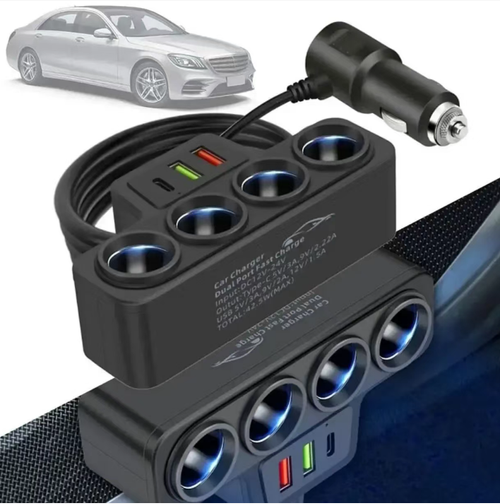 O dispositivo de expansão para cigarro automotivo, com 120W e compatível com um veículo a quatro veículos, possui 4 tomadas independentes para cigarros combinadas com 3 portas de carregamento rápido PD QC. Conta com múltiplas proteções de segurança para garantir uma saída de tensão estável. O cabo longo pode ser posicionado separadamente e é flexível. Pode alimentar simultaneamente aparelhos elétricos do carro e vários telefones móveis. É essencial para transporte autônomo e de cargas.
