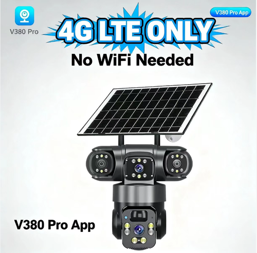 Câmera de vigilância solar 4G com três lentes, para uso externo. Não requer cabos de rede nem alimentação elétrica. O painel fotovoltaico pode armazenar energia de forma autónoma para funcionamento prolongado. As três câmeras permitem monitorizar simultaneamente em diferentes telas, sem pontos cegos. Possui visão noturna em cores completas, alarme por forma humana, intercomunicação bidirecional, é à prova d'água e de raios, e permite visualização remota em tempo real através do telemóvel.