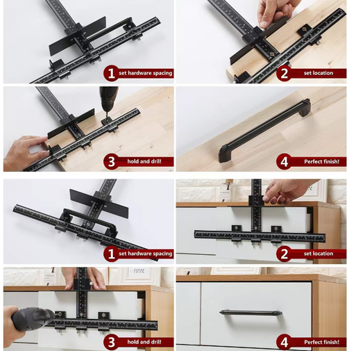 Dispositivo de posicionamento para perfuração de alças de armários em ligas de alumínio. Clips ajustáveis adequados para diversos tipos de alças com espaçamentos variados. Inclui uma correia fixa para operação individual. Posicionamento preciso, sem desvio. Conjunto completo de acessórios inclui uma caixa de armazenamento. Especificamente projetado para perfuração de alças de portas de armários e guarda-roupas. Ferramenta eficiente para carpintaria e decoração doméstica.