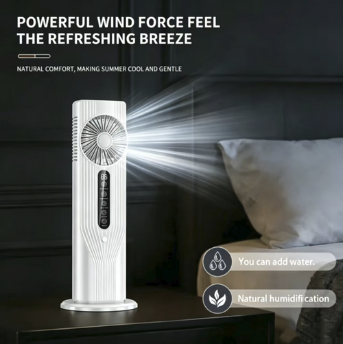 O novo ar-condicionado de mesa vertical possui ajuste de vento em 6 velocidades com duto de ar vórtice, um sistema integrado de umidificação por névoa e iluminação ambiente. Equipado com um temporizador de 1 a 6 horas para desligamento automático, tela digital de alta definição, o aparelho tem um design compacto que economiza espaço e é adequado para escritórios, dormitórios e residências. Combina funções de refrigeração e retenção de umidade, ideal para uso no verão.