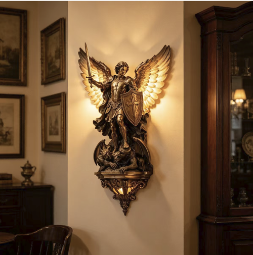 Lâmpada de parede em escultura Michael Angel. Fabricada em resina ecológica, com acabamento finamente esculpido. Possui acabamento em bronze patinado. As asas e a base contam com lâmpadas de luz quente. Durante o dia, é uma escultura em relevo tridimensional, à noite, oferece iluminação complementar suave. Pendurada com segurança e fácil de instalar, apresenta um estilo retrô e elegante, ideal para decorar entrada, corredor ou sala de estar da sua casa.