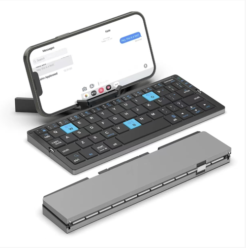 Teclado Bluetooth dobrável portátil. Dobrado para armazenamento,é pequeno e fácil de transportar. A carcaça metálica é resistente e durável. As teclas silenciosas proporcionam uma sensação confortável. Conecta-se rapidamente ao telefone móvel e ao tablet via Bluetooth. O toque é silencioso e confortável. Carregamento por cabo Type-C oferece longa duração da bateria. Inclui suporte embutido para dispositivo. Um pequeno teclado ideal para viagens de negócios, aulas online e trabalho no escritório.