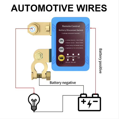 Interruptor inteligente de desligamento para bateria de carro 12V, com funções de controle remoto e manual, capaz de suportar uma corrente máxima de 240A. Os conectores em cobre puro garantem condutividade estável e baixo consumo de energia durante o modo de espera. Desliga automaticamente a alimentação quando a bateria estiver descarregada ou houver vazamento.  campings e caminhões, proporcionando proteção duradoura aos circuitos elétricos e às baterias do veículo.