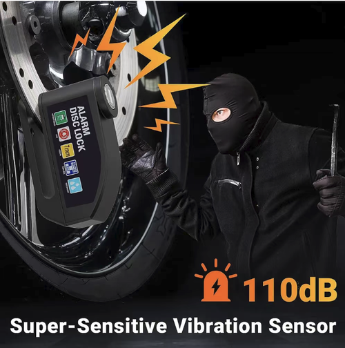 Travamento de freio a disco com alarme de alta intensidade, pinça de travamento em aço ligado com 7 mm de espessura, com funções anti-roubo e anti-corte, acionado por vibração com alarme de 110 dB. longa duração da bateria, portátil e fácil de armazenar. Compatível com motocicletas, bicicletas elétricas e bicicletas convencionais. É uma ferramenta protetora prática para aumentar a segurança dos veículos em estacionamentos ao ar livre, garantindo a segurança do estacionamento de veículos.