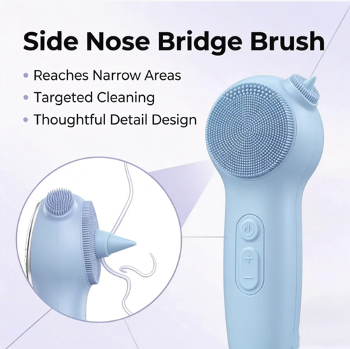 Dispositivo multifuncional de limpeza facial com silicone recarregável, com bicos macios de borracha divididos que limpam profundamente os pontos negros e o sebo, Possui também função integrada de aquecimento com luz vermelha, que auxilia na absorção da essência. É totalmente impermeável e fácil de limpar, com alimentação sem fio e portabilidade, combinando funções de limpeza e massagem em um único aparelho, adequado para todos os tipos de pele, ideal para uso doméstico no cuidado com a pele.