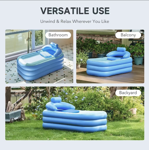 Um banho inflável com três camadas de espessura, estável e resistente ao desabamento. Equipado com uma capa que mantém a água quente por muito tempo. O apoio na parte traseira e o encosto ajustam-se à cintura e à região das costas, e inclui almofada de assento embutida, suporte para copos e saída de drenagem. Após o uso, pode ser dobrado e guardado sem ocupar muito espaço. É adequado para adultos relaxarem e acalmarem a mente em casa ou para aluguel e uso doméstico.