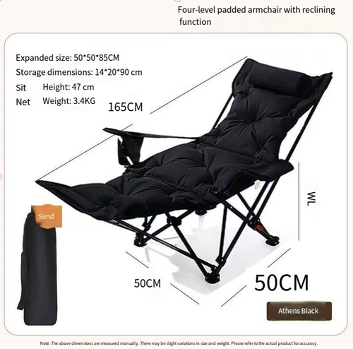 Um sofá dobrável com quatro posições, ajustável, A estrutura metálica espessa oferece suporte estável. O enchimento macio em algodão proporciona conforto durante longos períodos de sentado. Possui braçadeiras e pode ser usado para guardar pequenos objetos. Todo o conjunto é leve e fácil de dobrar. Pode ser armazenado de forma compacta e é ideal para cochilos no escritório, uso doméstico e relaxamento ao ar livre durante acampamentos. É um excelente produto acessível para o relaxamento diário.