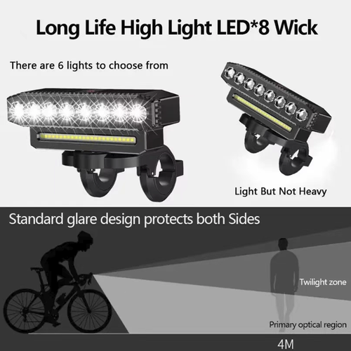 Farol de bicicleta horizontal ABS, combinando funções de iluminação e buzina. Vários conjuntos de luzes LED com diferentes modos de iluminação. Equipado com interruptor remoto. O suporte de montagem é compatível com a maioria das barras de guidão e suporta carregamento USB. Possui desempenho básico à prova d'água. Adequado para iluminação e alerta durante ciclismo noturno. Como lâmpada de assistência ao pedal, ajuda a aumentar a segurança na viagem à noite.