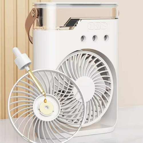 O novo ventilador de pulverização com três orifícios vem com uma alça portátil. Pode ser facilmente combinado em modo de sopro ou pulverização. O tanque de água é visível, facilitando o reabastecimento. O ruído durante a operação é suave. É adequado para uso em escritórios, relaxamento doméstico e venda externa. Recomenda-se adicionar água pura, limpar regularmente o bico e esvaziar o acúmulo de água quando não estiver em uso, a fim de prolongar a vida útil do equipamento.