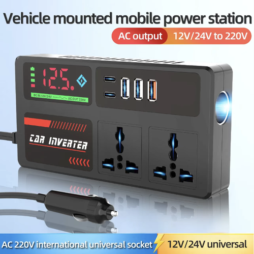 Este inversor montado no veículo pode fornecer energia diretamente através do abastecedor de cigarro, com exibição de tensão. Equipado com uma tomada CA e múltiplas interfaces USB, possui diversas funções de proteção e é adequado para alimentar pequenos aparelhos elétricos em veículos autônomos. Não sobrecarregue-o. Para cargas de alta potência, recomenda-se ligar o veículo. Não obstrua a abertura de dissipação de calor e evite a entrada de água.