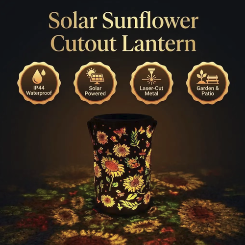 Lanterna de girassol com trabalhos solares, apresentando padrões de flores e borboletas esculpidos em formato oco. As luzes projetam sombras coloridas das flores. Pode ser pendurado ou colocado em posição plana. Possui proteção básica contra água e é adequado para decoração ao ar livre em pátios e jardins. Certifique-se de que haja luz solar suficiente na hora de instalá-la. Limpe regularmente a superfície do painel solar para evitar encharcamento prolongado durante chuvas fortes.