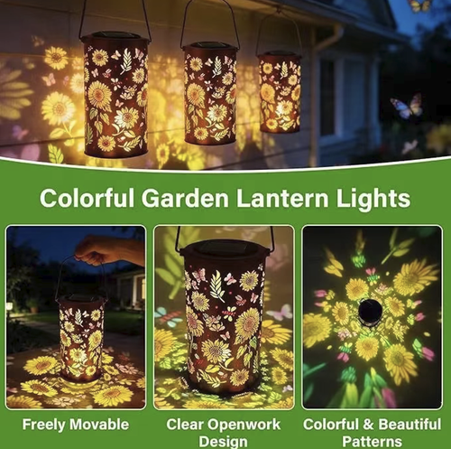 Lanterna de girassol com trabalhos solares, apresentando padrões de flores e borboletas esculpidos em formato oco. As luzes projetam sombras coloridas das flores. Pode ser pendurado ou colocado em posição plana. Possui proteção básica contra água e é adequado para decoração ao ar livre em pátios e jardins. Certifique-se de que haja luz solar suficiente na hora de instalá-la. Limpe regularmente a superfície do painel solar para evitar encharcamento prolongado durante chuvas fortes.