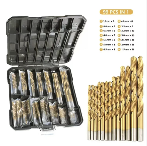 Brocas de perfuração com ponta reta e rosca, em titânio revestido, com 99 peças, feitas de aço de alta velocidade. As alças redondas são compatíveis com a maioria das furadeiras elétricas. Uma ampla variedade de especificações está disponível, permitindo o perfuramento de madeira, metais finos e plásticos. Os sulcos espirais facilitam a remoção de cavacos. Inclui-se uma caixa de armazenamento em plástico duro para organização e transporte fáceis. Basta abrir a caixa e começar a trabalhar.