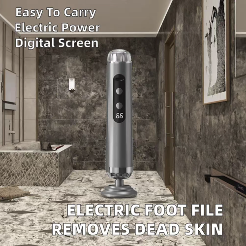 Exfoliador elétrico para pés e dedos, equipado com display digital de potência e múltiplas velocidades. A cabeça giratória de esfoliação remove calos e células mortas da sola do pé. Após amaciar o pé, polirá-lo suavemente. Não aplique pressão excessiva nem permaneça por muito tempo. Não pode ser usado em pele danificada. O corpo não deve ser lavado com água. Caso ocorra desconforto na pele, interrompa imediatamente o uso.