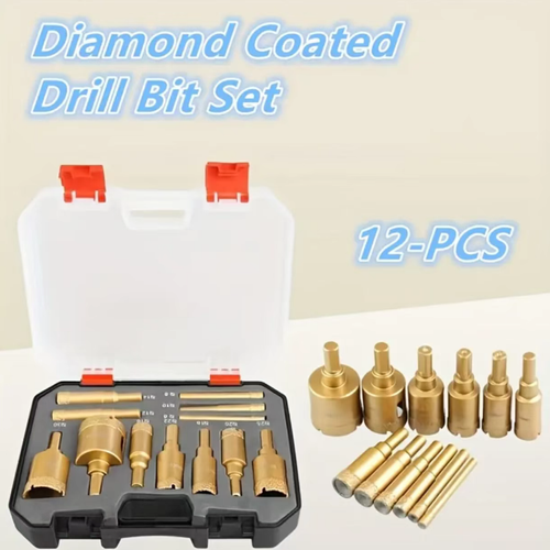 Conjunto de 12 peças com martelo de furos em diamante soldado, compatível com furadeiras elétricas, mármore e vidro, adequado para perfuração a seco. Disponíveis múltiplos diâmetros de furo com uma caixa de armazenamento. Para materiais duros e quebradiços, recomenda-se alimentar na baixa velocidade e de forma constante. É adequado para construção de perfuração de furos em pedras para decoração doméstica. É uma ferramenta prática para perfurar furos em materiais duros e quebradiços.