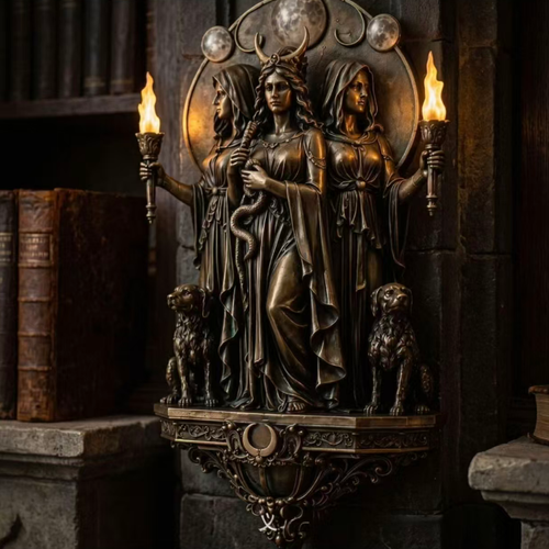 Lâmpada de parede em resina Hecate,A resina possui uma textura antiga de bronze e detalhes ricos gravados com precisão. Inclui elementos clássicos como a fase da lua e cães de caça. Possui chamas simuladas que emitem luz quente em ambos os lados, servindo como iluminação ambiente complementar. Pode ser fixada na parede e é adequada para uso em salas de estar retrô ou como decoração mural em lojas diferenciadas.É puramente decorativa e não deve ser utilizada como fonte principal de luz.