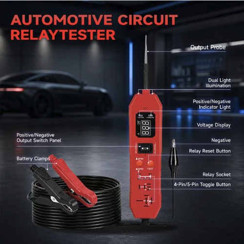 Instrumento de diagnóstico de relés automotivos dois em um, com tela digital para leitura de tensão. Equipado com cabo estendido e braçadeira de bateria, a sonda pode verificar continuidade do circuito e identificar os polos positivo e negativo. Adequado para manutenção de veículos a combustível. A carcaça é resistente a impactos. Destina-se exclusivamente ao diagnóstico auxiliar de falhas. A manutenção deve seguir as normas de segurança para reparos automotivos.