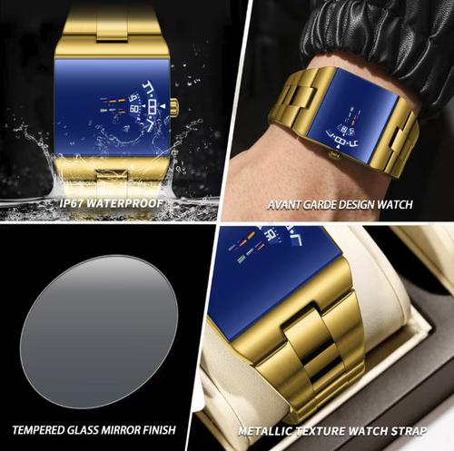 O novo relógio quadrado de quartzo masculino apresenta um caixa em metal dourado combinado com uma pulseira em aço, fundo azul e mostrador único. A pulseira em aço permite ajuste de tamanho mediante desmontagem e reencaixe. O movimento de quartzo oferece funções básicas de cronometragem. O design é moderno e casual, adequado tanto para deslocamentos como para encontros sociais. O relógio suporta apenas pequenas gotas de água, não pode ser submerso e deve evitar impactos bruscos.