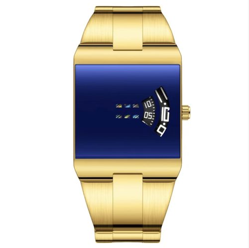 O novo relógio quadrado de quartzo masculino apresenta um caixa em metal dourado combinado com uma pulseira em aço, fundo azul e mostrador único. A pulseira em aço permite ajuste de tamanho mediante desmontagem e reencaixe. O movimento de quartzo oferece funções básicas de cronometragem. O design é moderno e casual, adequado tanto para deslocamentos como para encontros sociais. O relógio suporta apenas pequenas gotas de água, não pode ser submerso e deve evitar impactos bruscos.
