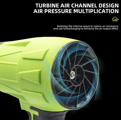 Secador de cabelo com motor turbo e bateria de lítio, com design sem fio manual e alça antiderrapante em forma de pistola, equipado com rolamentos de alta velocidade e pás turbo grandes, combinado com uma bateria de lítio de grande capacidade e carregador dedicado.  limpeza de folhas e varrição de veículos. A operação deve ser realizada longe da saída de ar. Não permita que objetos estranhos entrem. É adequado para diversos cenários de limpeza em oficinas e ao ar livre.