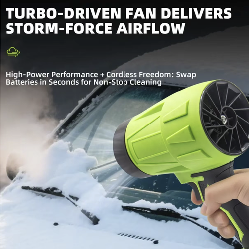 Secador de cabelo com motor turbo e bateria de lítio, com design sem fio manual e alça antiderrapante em forma de pistola, equipado com rolamentos de alta velocidade e pás turbo grandes, combinado com uma bateria de lítio de grande capacidade e carregador dedicado.  limpeza de folhas e varrição de veículos. A operação deve ser realizada longe da saída de ar. Não permita que objetos estranhos entrem. É adequado para diversos cenários de limpeza em oficinas e ao ar livre.