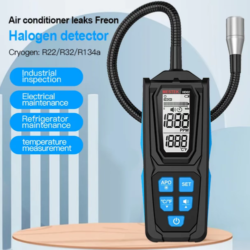 Detector de vazamento de gases halogenados. A tela digital permite uma leitura intuitiva dos dados de detecção. A sonda flexível e dobrável pode ser inserida em frestas estreitas para detectar vazamentos de gases halogenados, como refrigerantes de ar-condicionado e freon. Equipado com uma bolsa de armazenamento para facilitar o uso durante reparos ao ar livre. A sonda precisa ser protegida. É adequada para trabalhos de manutenção em equipamentos de refrigeração.
