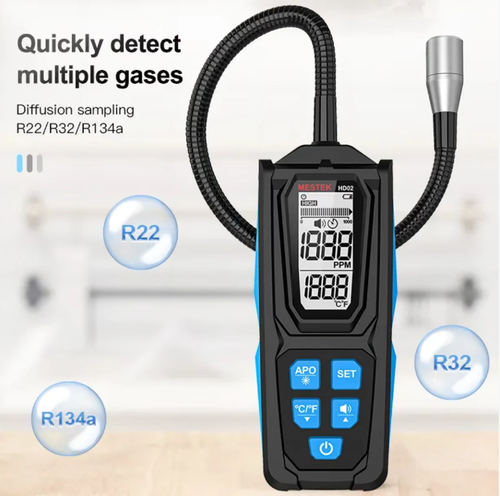 Detector de vazamento de gases halogenados. A tela digital permite uma leitura intuitiva dos dados de detecção. A sonda flexível e dobrável pode ser inserida em frestas estreitas para detectar vazamentos de gases halogenados, como refrigerantes de ar-condicionado e freon. Equipado com uma bolsa de armazenamento para facilitar o uso durante reparos ao ar livre. A sonda precisa ser protegida. É adequada para trabalhos de manutenção em equipamentos de refrigeração.