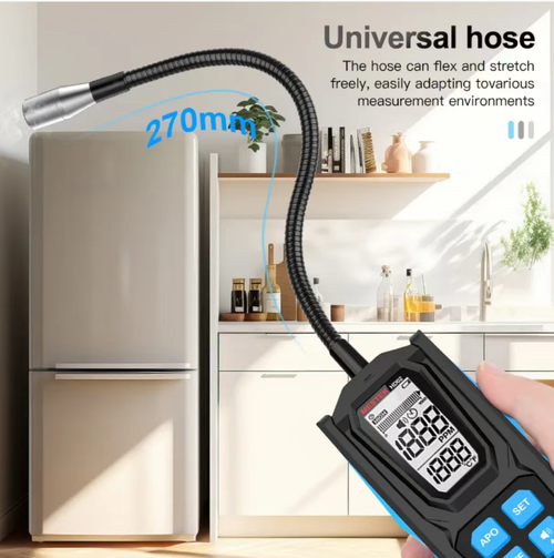 Detector de vazamento de gases halogenados. A tela digital permite uma leitura intuitiva dos dados de detecção. A sonda flexível e dobrável pode ser inserida em frestas estreitas para detectar vazamentos de gases halogenados, como refrigerantes de ar-condicionado e freon. Equipado com uma bolsa de armazenamento para facilitar o uso durante reparos ao ar livre. A sonda precisa ser protegida. É adequada para trabalhos de manutenção em equipamentos de refrigeração.