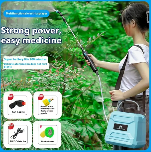 Sprayer elétrico de 8L, com carregamento tipo-C que não requer inflação manual. Equipado com cinto ajustável para ombro, haste de pulverização extensível e múltiplos bicos intercambiáveis, suporta diversos modos de saída de água. Adequado para regar flores e pulverizar hortas. Não adicione líquidos fortemente corrosivos. Após o uso, lave a tubulação. A bateria é uma peça consumível. Evite a exposição direta à luz solar e adequado para operações de jardinagem doméstica.