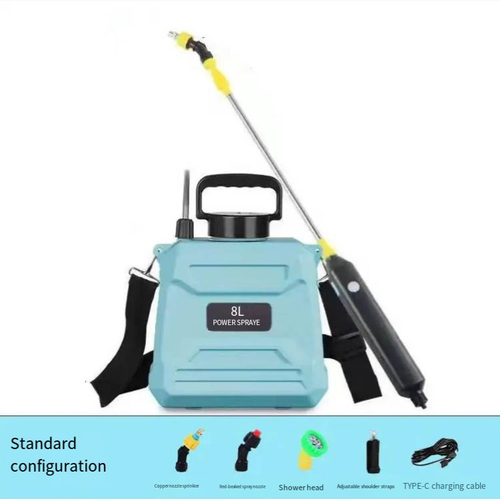 Sprayer elétrico de 8L, com carregamento tipo-C que não requer inflação manual. Equipado com cinto ajustável para ombro, haste de pulverização extensível e múltiplos bicos intercambiáveis, suporta diversos modos de saída de água. Adequado para regar flores e pulverizar hortas. Não adicione líquidos fortemente corrosivos. Após o uso, lave a tubulação. A bateria é uma peça consumível. Evite a exposição direta à luz solar e adequado para operações de jardinagem doméstica.