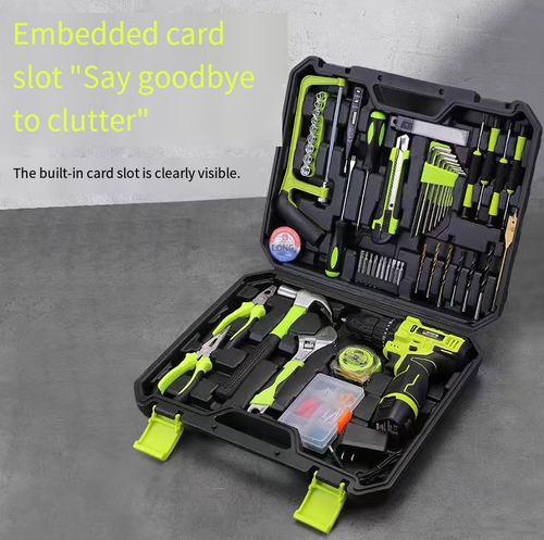 Kit multifuncional de furadeira com bateria de lítio,armazenado numa caixa de transporte resistente, equipado com furadeira elétrica, pinças, martelo, chave de fenda, serra manual, fita métrica e outros acessórios. Adequado para montagem de móveis, reparos domésticos e perfuração e desmontagem simples. A bateria é descartável, por favor, armazene as ferramentas metálicas em local seco e tome as precauções de segurança adequadas durante o uso. Ideal para reparos caseiros feitos por conta própria.