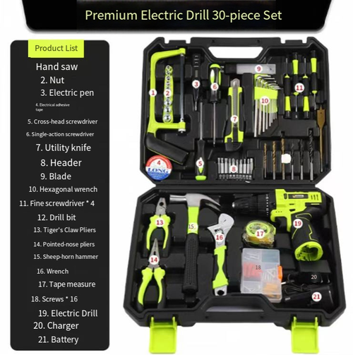Kit multifuncional de furadeira com bateria de lítio,armazenado numa caixa de transporte resistente, equipado com furadeira elétrica, pinças, martelo, chave de fenda, serra manual, fita métrica e outros acessórios. Adequado para montagem de móveis, reparos domésticos e perfuração e desmontagem simples. A bateria é descartável, por favor, armazene as ferramentas metálicas em local seco e tome as precauções de segurança adequadas durante o uso. Ideal para reparos caseiros feitos por conta própria.