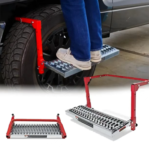 Pedaço de piso para pneu de carro, ao montar o pneu, permite elevação temporária. É adequado para SUVs e caminhões. A estrutura metálica é combinada com pedais antiderrapantes. Possui múltiplos níveis de ajuste e suporta dobragem para armazenamento, tornando-o conveniente de transportar junto com o veículo. Antes de usar, é necessário verificar se a fechadura está firmemente fixada. Não é permitido exceder a capacidade de carga, nem saltar ou pisar nele.