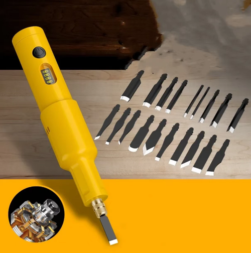Este kit de máquina de gravação portátil, alimentada por bateria de lítio, inclui vários machados para carpintaria. O corpo da máquina possui um indicador de nível de energia elétrica, as cabeças dos machados são fáceis de substituir e vem com uma caixa de armazenamento. É adequado para escultura em madeira, bonsai, modelagem e polimento de raízes. Pode realizar cortes e acabamentos nas bordas de materiais de madeira. Por favor, tome as medidas de proteção adequadas ao utilizá-lo.