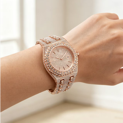 Este relógio de quartzo moderno apresenta um mostrador octogonal adornado com diamantes completos, proporcionando uma aparência magnífica e chamativa. Equipado com uma pulseira metálica ajustável em comprimento, O movimento de quartzo garante um cronometragem estável. É adequado tanto para uso diário como para ocasiões sociais. Ao usá-lo, tenha cuidado para evitar impactos e exposição à água. Trata-se de um relógio de pulso que combina qualidade estética e praticidade.