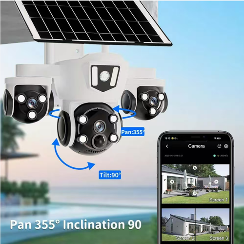 Esta câmara de vigilância solar 4G com três câmeras oferece uma qualidade de imagem em alta definição de 6 megapixels. Equipada com um sensor infravermelho humano, design de baixo consumo, carcaça à prova d'água para uso externo e alimentação por células solares, suporta visualização remota através de telefone móvel e possui funções de visão noturna com infravermelho e cores completas. É um dispositivo prático de vigilância para áreas ao ar livre sem fornecimento de energia elétrica.