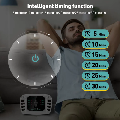 Este dispositivo doméstico de massagem de média frequência com duplo saída permite a operação simultânea de dois canais e possui múltiplos modos de simulação de massagem, aplicáveis no pescoço, nas costas, nos braços e nas pernas. Oferece ajustes de força e função de temporizador, podendo ser acoplado a patches de eletrodos. É adequado para aliviar a fadiga muscular em casa e destina-se exclusivamente ao relaxamento diário, não pode substituir equipamentos médicos.