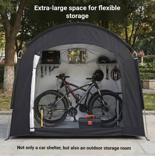 Tenda de bicicleta dobrável para uso ao ar livre, em tecido Oxford 210D,proteção contra chuva e prevenção de poeira. Pode ser utilizada para estacionar a bicicleta ou para acampamento e piqueniques. Estrutura em fibra de vidro,  equipada com uma bolsa de armazenamento e suportes no chão. Adequada para ciclismo e acampamento de curta distância. Não utilizar em condições climáticas adversas. Oferece proteção básica contra a luz solar e a poeira para a bicicleta e pertences pessoais.