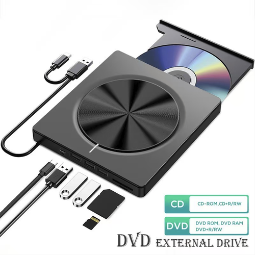 Unidade externa portátil de gravação de DVD 7 em 1, com interface dual USB 3.0 Tipo C plug-and-play, suporta leitura e gravação de CDs e DVDs. Equipada com múltiplas interfaces de expansão e ranhura para cartões, é leve e portátil, adequada para laptops e desktops, atendendo às necessidades de leitura de CDs, gravação de dados e leitura de cartões de memória. É um dispositivo externo prático para leitura de dados, gravação de CDs e expansão de periféricos.