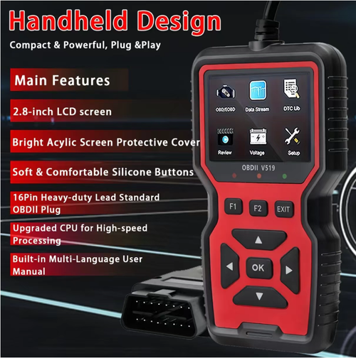 Detector de falhas de veículo V519 OBD, plug-and-play. Pode ser utilizado diretamente ligando-se à interface OBD do veículo. A tela colorida combinada com botões físicos permite as funções de leitura e limpeza de códigos de falha, visualização de fluxos de dados e detecção da tensão da bateria. É compatível com o protocolo OBD II para veículos a combustão. O dispositivo é portátil e adequado para proprietários de veículos realizarem autodiagnóstico sobre a condição básica dos seus veículos.
