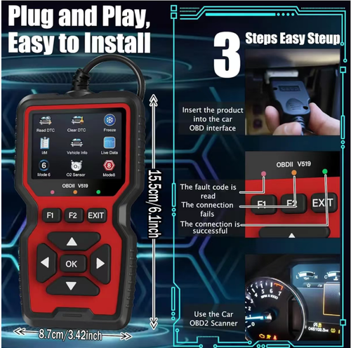 Detector de falhas de veículo V519 OBD, plug-and-play. Pode ser utilizado diretamente ligando-se à interface OBD do veículo. A tela colorida combinada com botões físicos permite as funções de leitura e limpeza de códigos de falha, visualização de fluxos de dados e detecção da tensão da bateria. É compatível com o protocolo OBD II para veículos a combustão. O dispositivo é portátil e adequado para proprietários de veículos realizarem autodiagnóstico sobre a condição básica dos seus veículos.