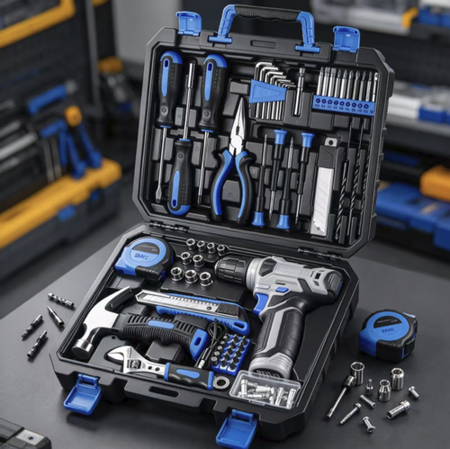 Este conjunto de ferramentas domésticas de 128 peças inclui um furador elétrico recarregável e uma variedade de ferramentas manuais para reparos, como martelos, fitas métricas, chaveiros, brocas de soquete e outros acessórios. Está guardado numa caixa resistente com compartimentos bem organizados, facilitando a portabilidade. É adequado para reparos em casa, tais como montagem de móveis, perfuração de paredes e manutenção de portas e janelas.