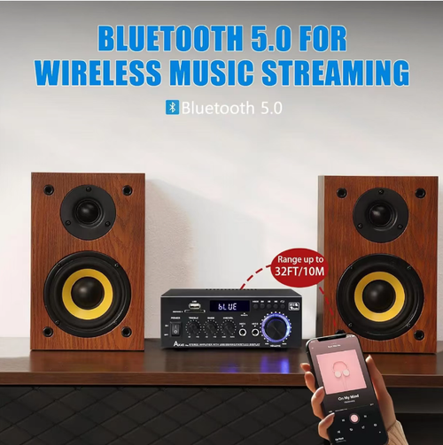 Amplificador de potência Bluetooth de duplo canal, com suporte a Bluetooth USB, cartão TF, reprodução multimodo de rádio FM,ajuste independente de frequências alta e baixa, e exibição digital na tela. O corpo metálico favorece a dissipação de calor, é compatível com alto-falantes passivos, adequado para uso doméstico, lojas e pequenos ambientes externos, podendo ser usado para montar um sistema de áudio simples. É um dispositivo de áudio prático para a construção de um pequeno sistema de som.