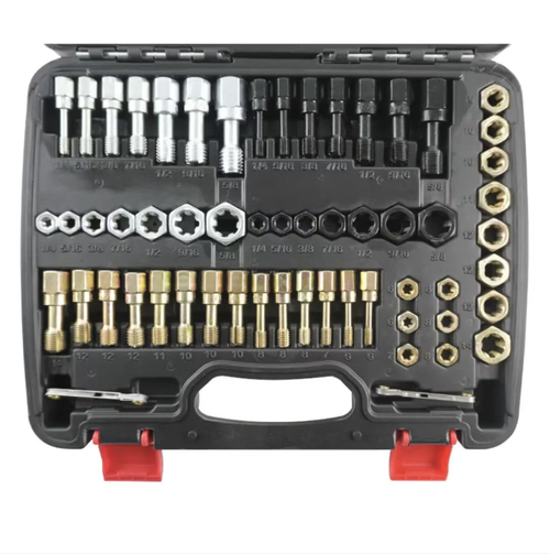 Conjunto de reparo com 61 peças, usado para consertar porcas e parafusos com furos danificados, incluindo placas de roscamento, mangueiras e chaveiros auxiliares. É compatível com diversas especificações para reparos automotivos e manutenção de ferragens. Armazenado numa caixa de ferramentas portátil e resistente, com compartimentos bem organizados para facilitar o transporte. Pode reparar fios enferrujados e danificados, reduzindo o custo de substituição de peças.