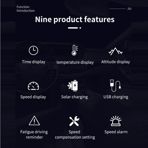 O visor solar GPS montado no veículo L5U oferece duas opções de carregamento: energia solar e USB, sendo sem fio e sem necessidade de cabos. Pode exibir velocidade do veículo,  além de incluir um alarme de excesso de velocidade. Pode ser instalado no painel de instrumentos e utilizado imediatamente. É compatível com a maioria dos modelos de veículos e ajuda os motoristas a visualizar informações durante a condução. Trata-se de um dispositivo prático de assistência ao veículo para o uso diário.