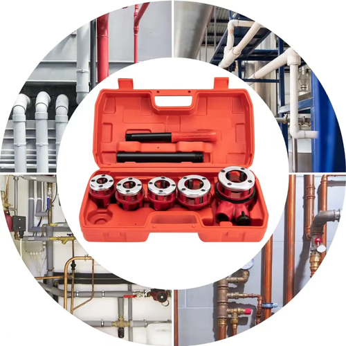 Conjunto manual para rosqueamento de tubos modelo 62, contendo 5 cabeças de matriz de diferentes tamanhos, equipado com uma alavanca de operação e uma caixa de armazenamento plástica. adequado para tubos de aço comuns e tubos galvanizados. É indicado para instalação e manutenção de tubulações de aquecimento de água, sendo conveniente de transportar e guardar. Trata-se de uma ferramenta manual amplamente utilizada na construção e manutenção de tubulações de aquecimento de água.