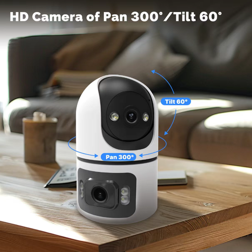 Câmera de vigilância inteligente com WiFi e duas câmeras, para uso interno, com lentes duplas que suportam exibição em três telas, função de rotação panorâmica e inclinação, e visão noturna em cores completas. Possui alerta de detecção de pessoas, comunicação de voz bidirecional, visualização remota da tela através do telemóvel e pode ser instalada em posição fixa ou montada na parede. É um dispositivo inteligente de vigilância adequado para segurança doméstica interna e em lojas.